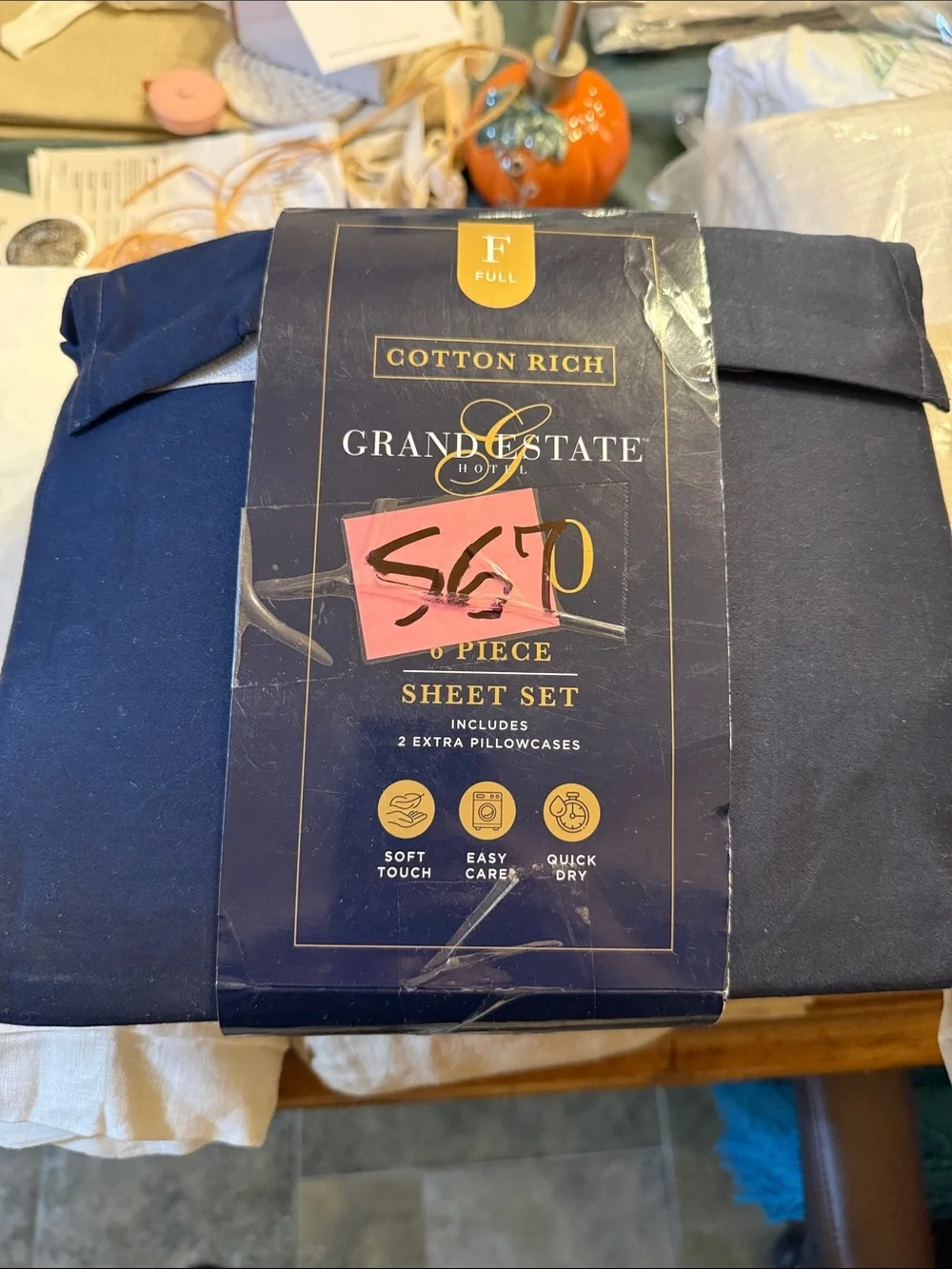 Grand & Estate Cotton Rich Full 6 Piece 1000 Thread Count Sheet Set - Navy
